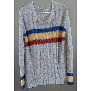 Roxy Cable Knit Sweater S Beige Bold Stripe Y2K Skater Surf Primary Colors Cozy